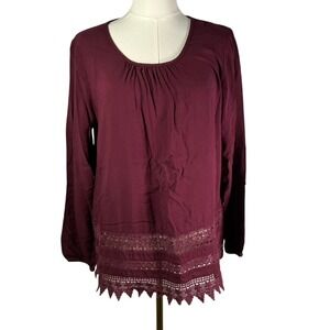 ARIAT Burgundy Long Sleeve Top with‎ Lace Trim Womens Size M